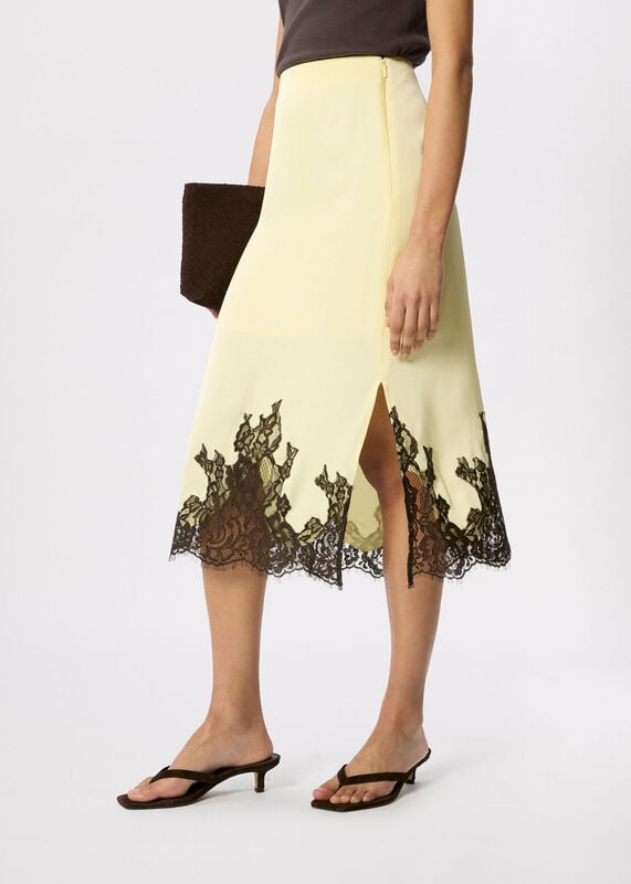 Yellow Lace Hem Satin Midi Skirt