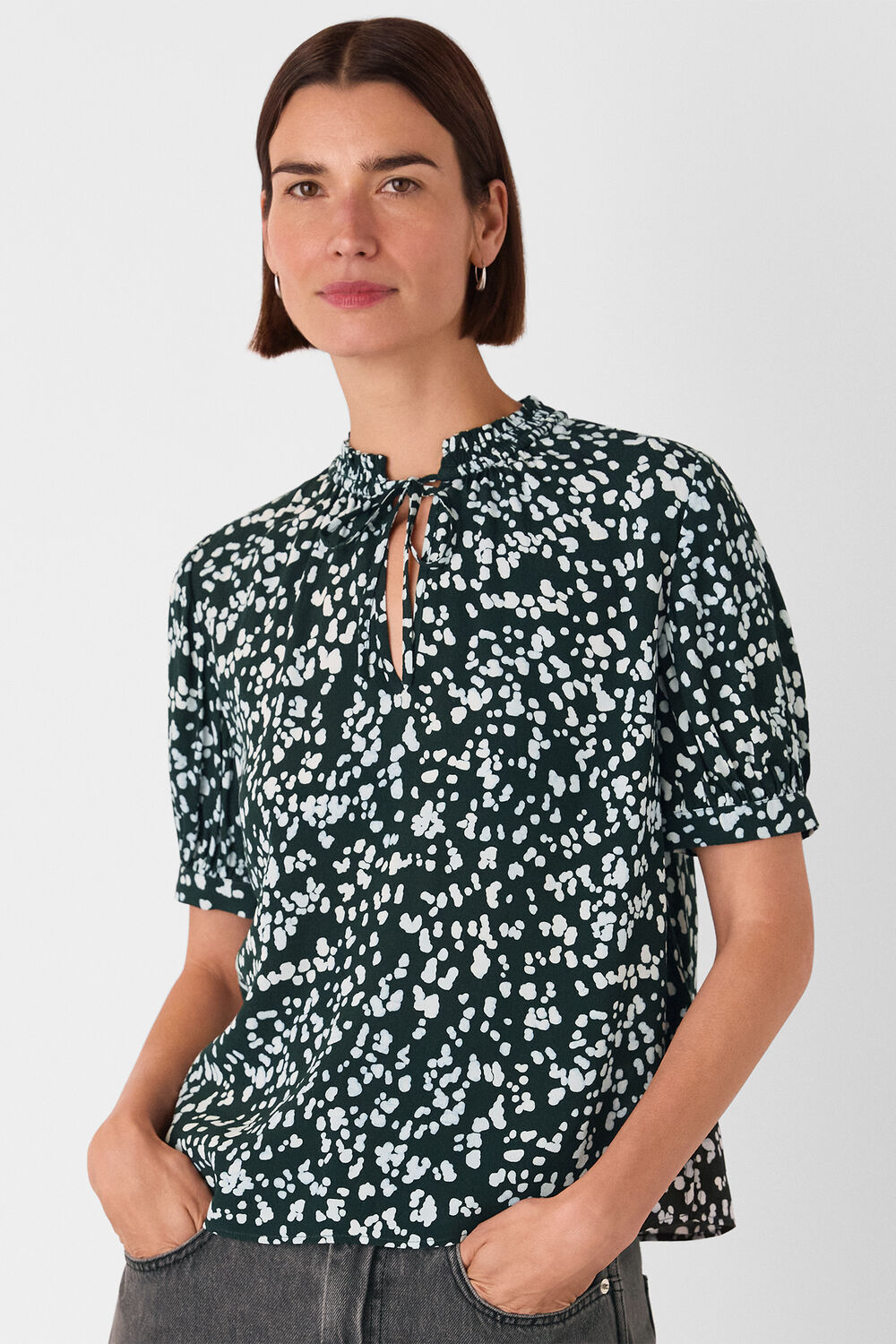 Teal Animal Tie Neck Blouse