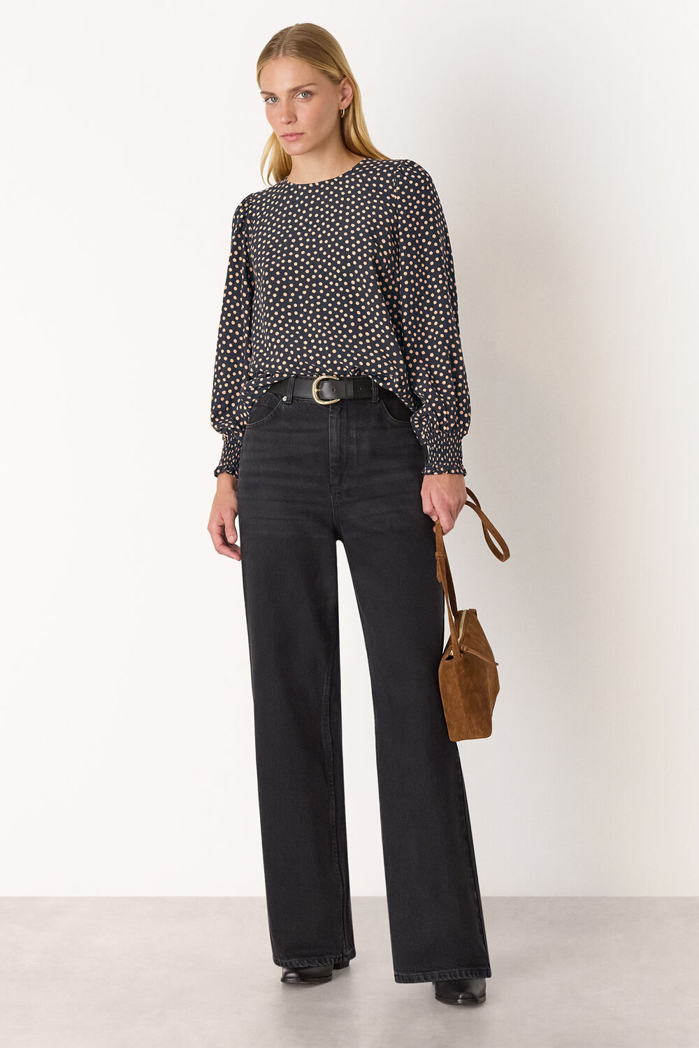 Spot Shirred Cuff Blouse