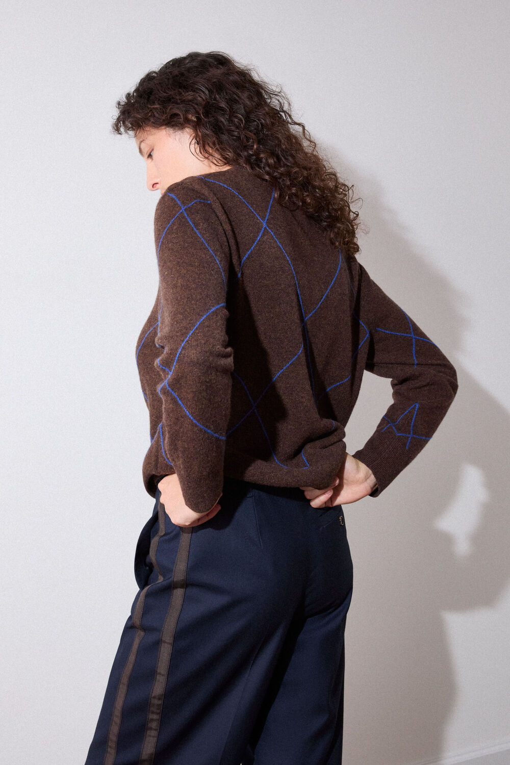 Brown Wool Contrast Diamond Knit