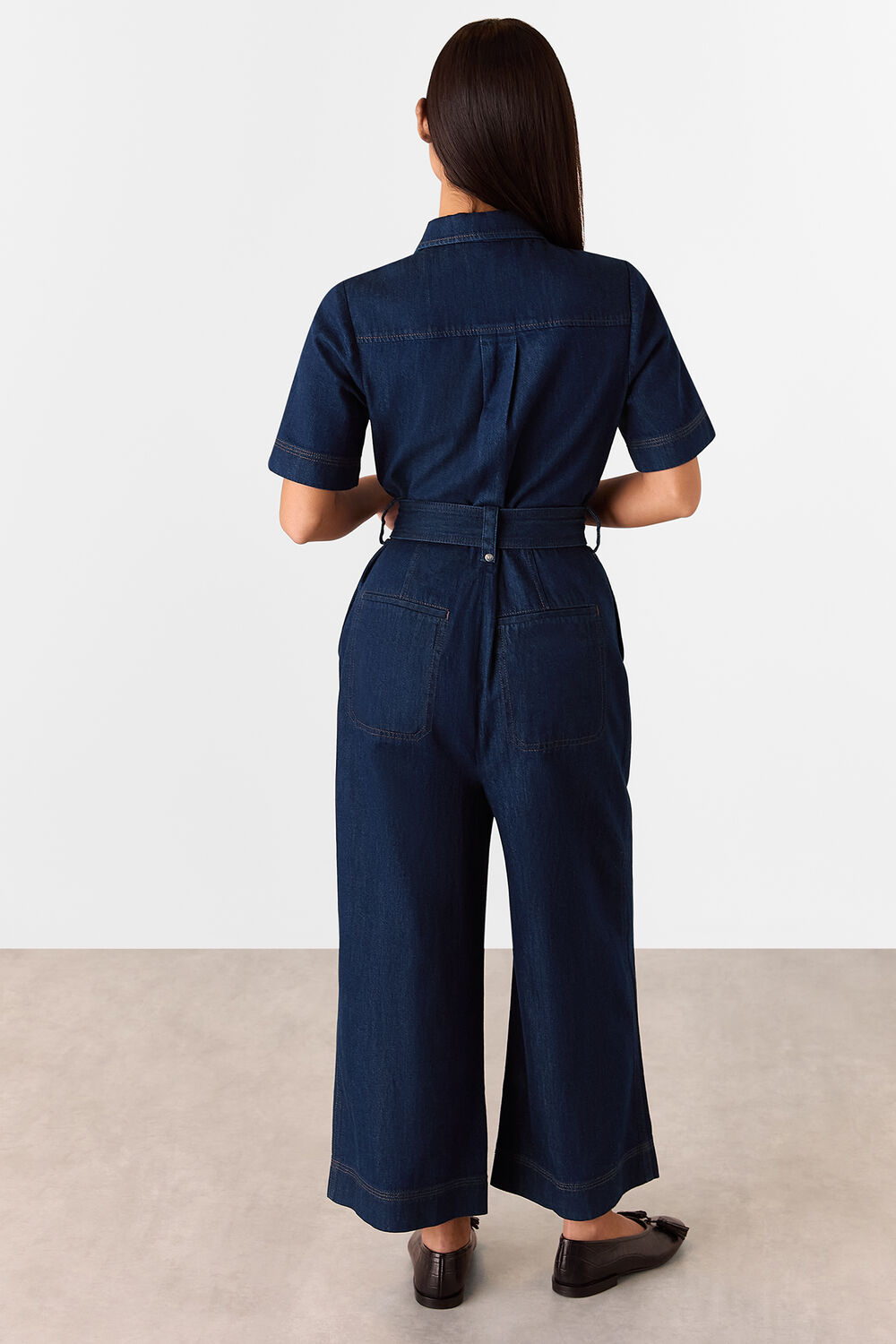 Petite Denim Pintuck Belted Jumpsuit