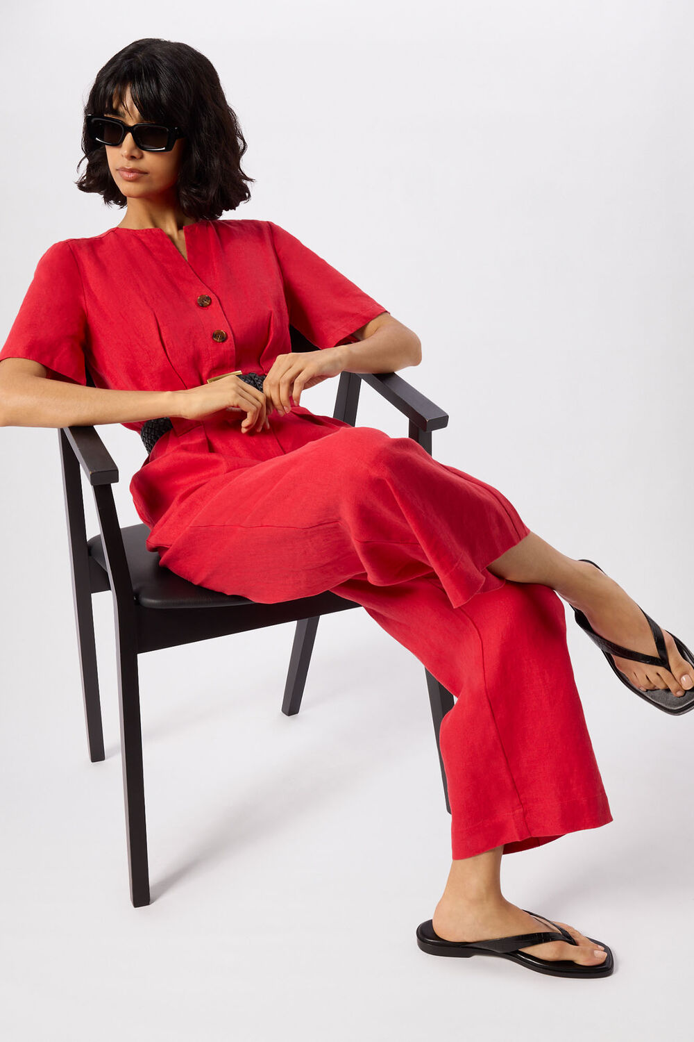 Red Fiona Linen Button Jumpsuit