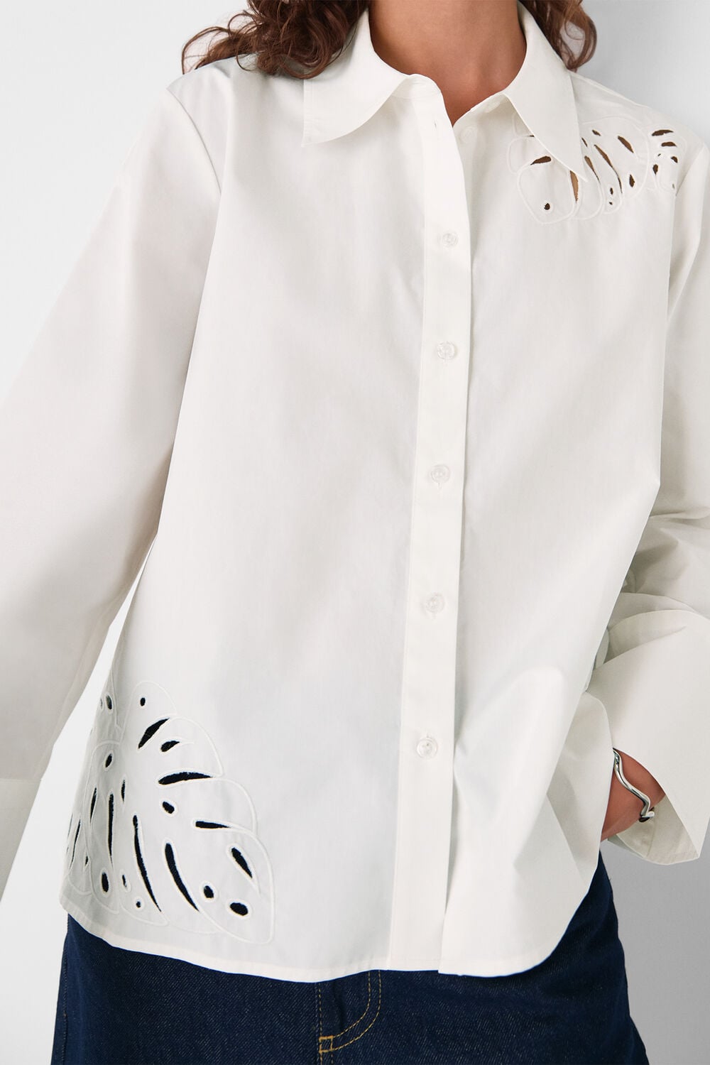 White Leaf Embroidered Cotton Shirt