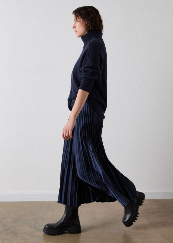 Navy Satin Pleated Midi Skirt