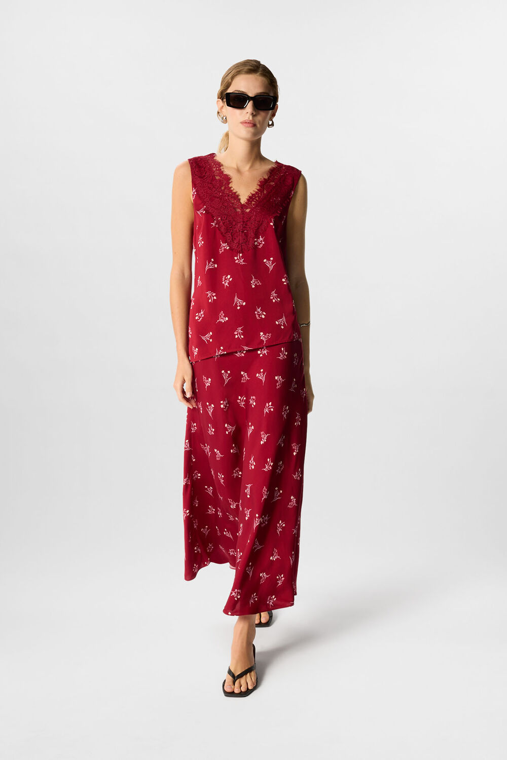 Burgundy Floral Fit And Flare Midi Skirt