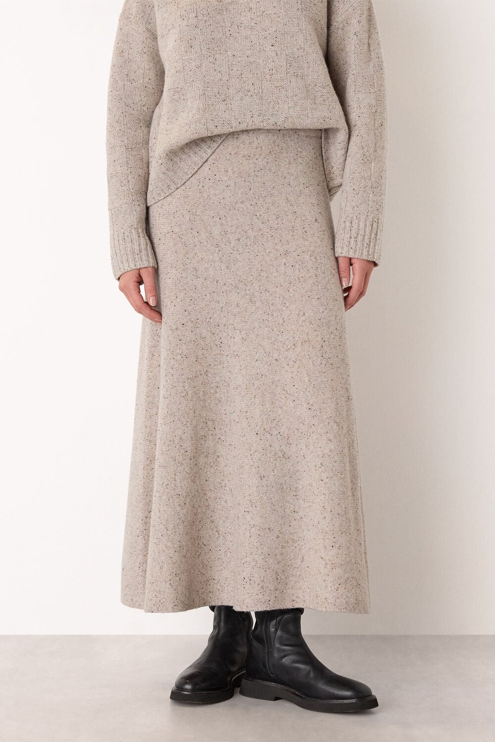 Neutral Wool Textured Midi Skirt