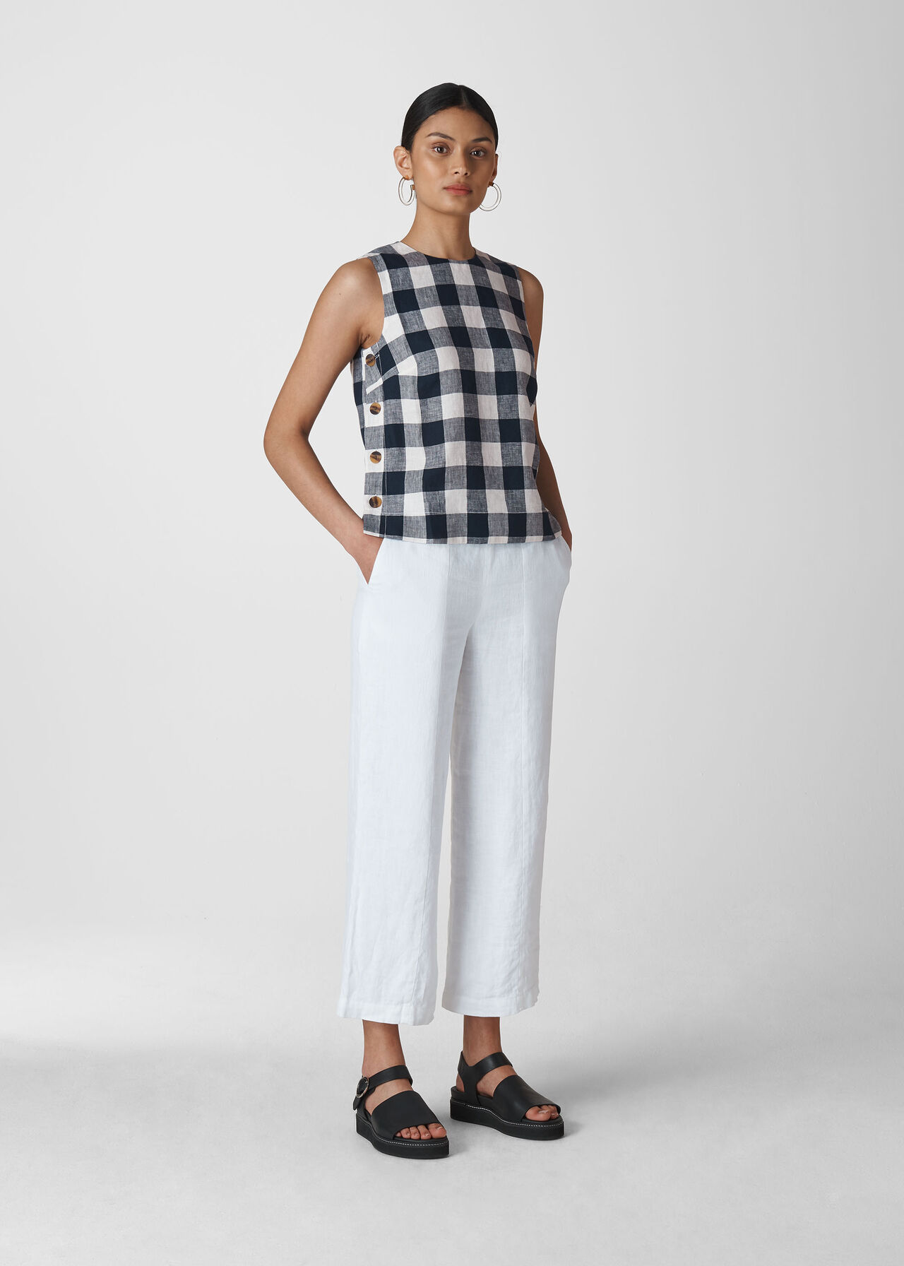 Gingham Linen Shell Top Navy/Multi