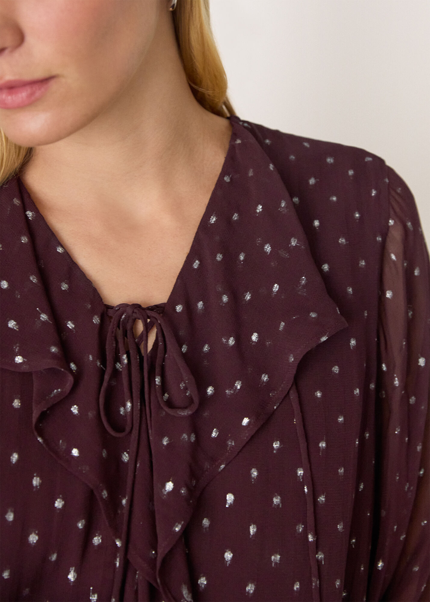 Burgundy/Multi Metallic Dobby Frill Blouse | WHISTLES | Whistles US |