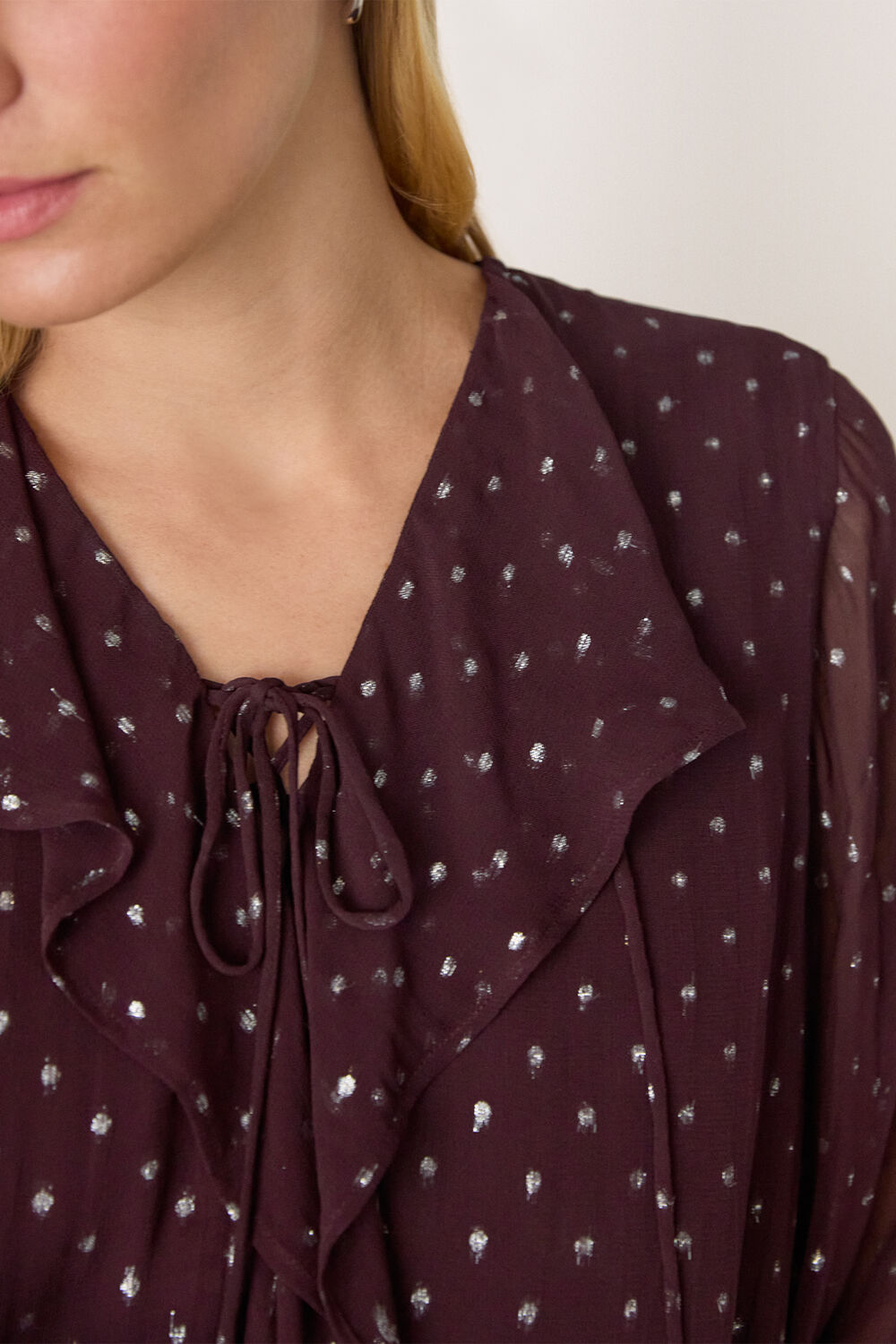 Burgundy Metallic Dobby Frill Blouse