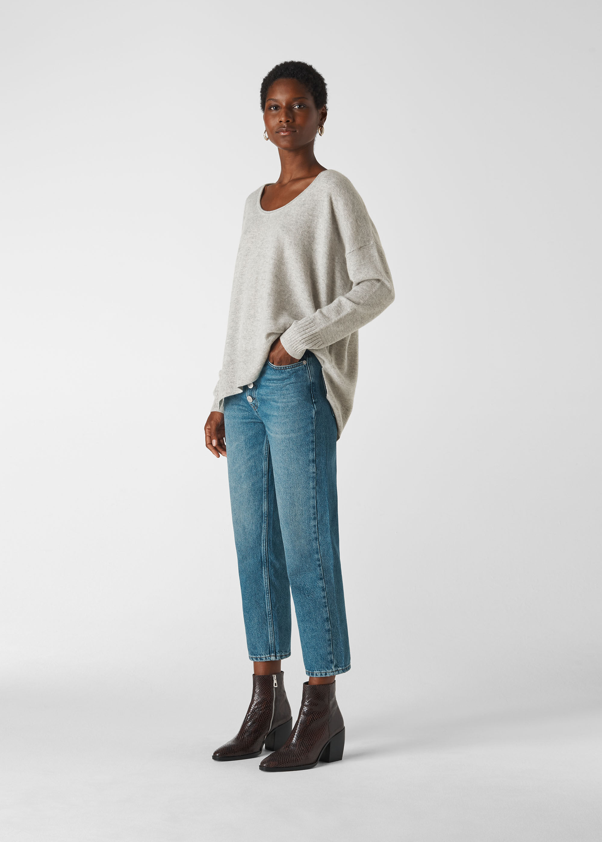 Pale Grey Cashmere Scoop Neck Sweater WHISTLES