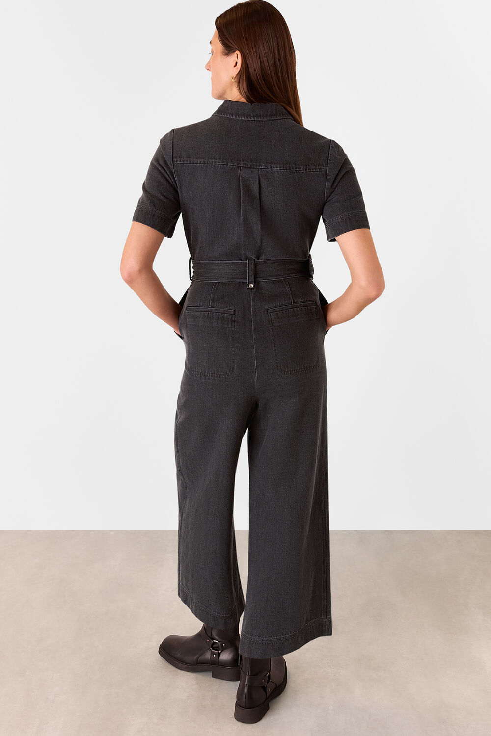 Denim Pintuck Belted Jumpsuit