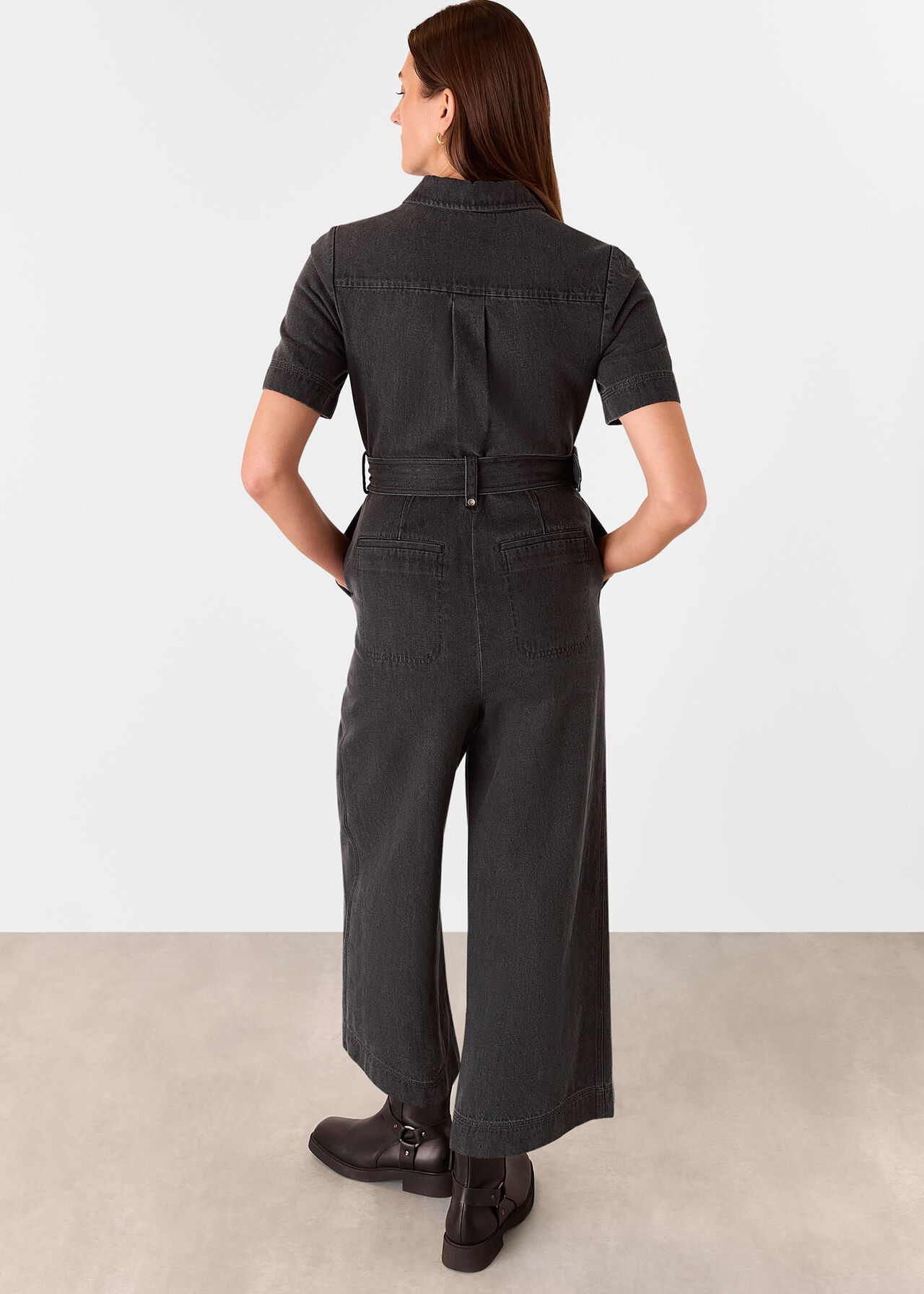 Denim Pintuck Belted Jumpsuit
