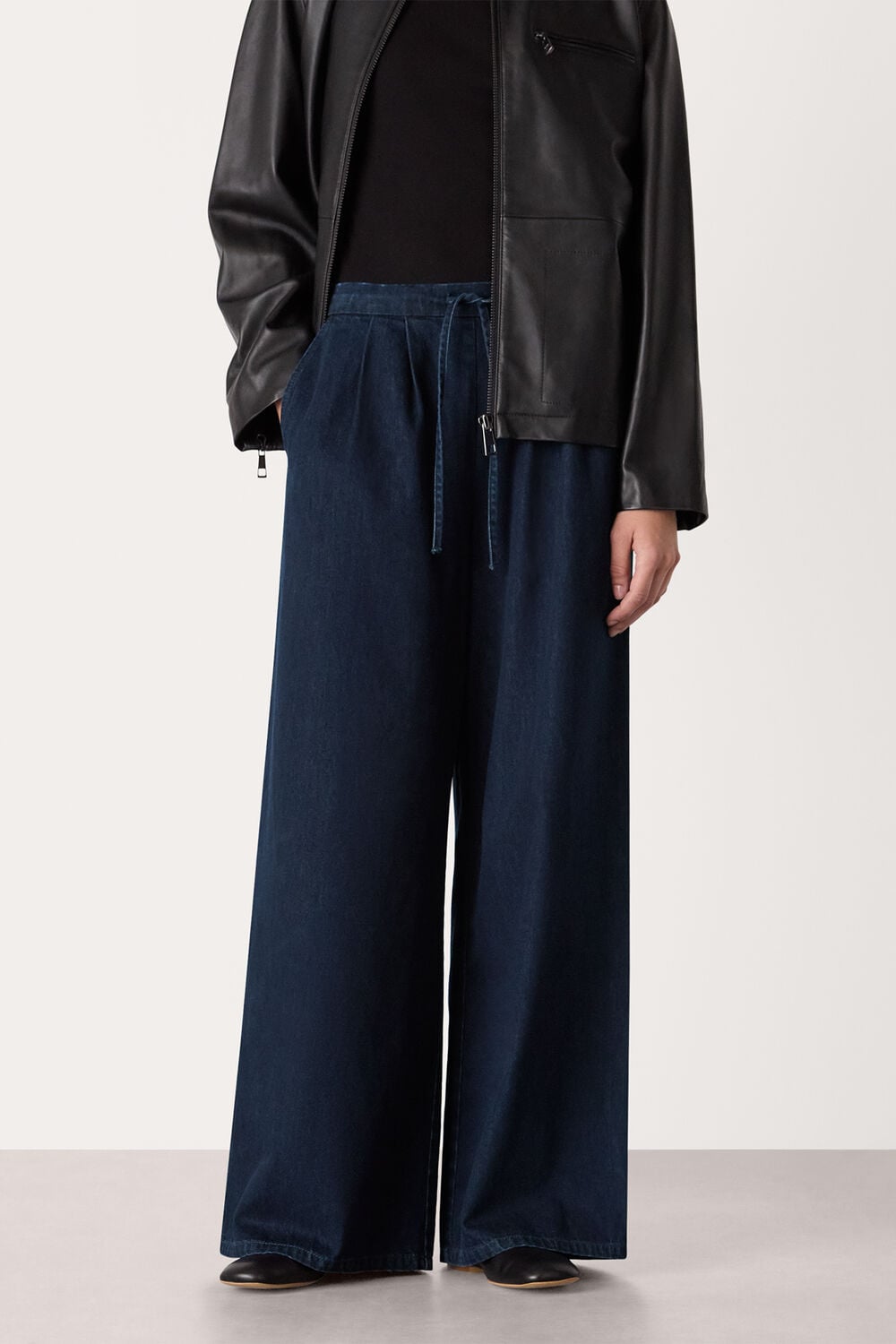 Dark Denim Cotton Wide Leg Pleat Trouser