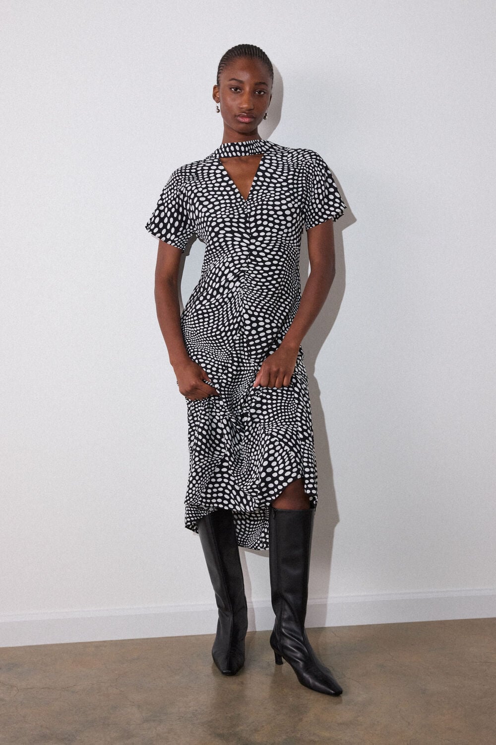 Black Mixed Spot V Neck Midi Dress