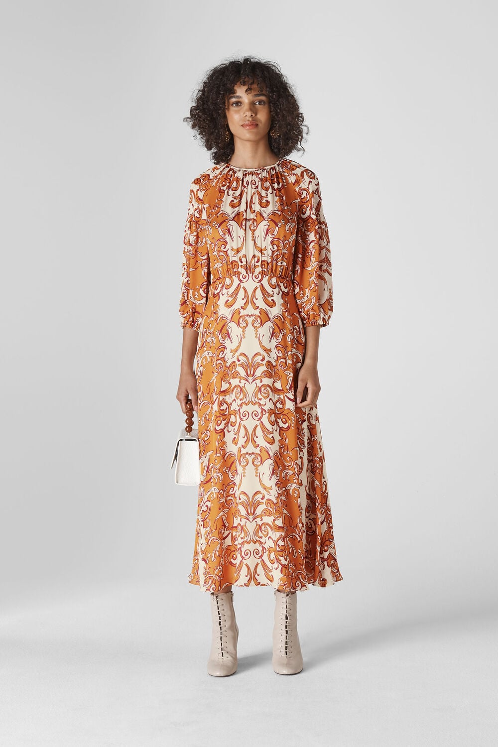 Baroque Print Silk Dress Yellow/Multi