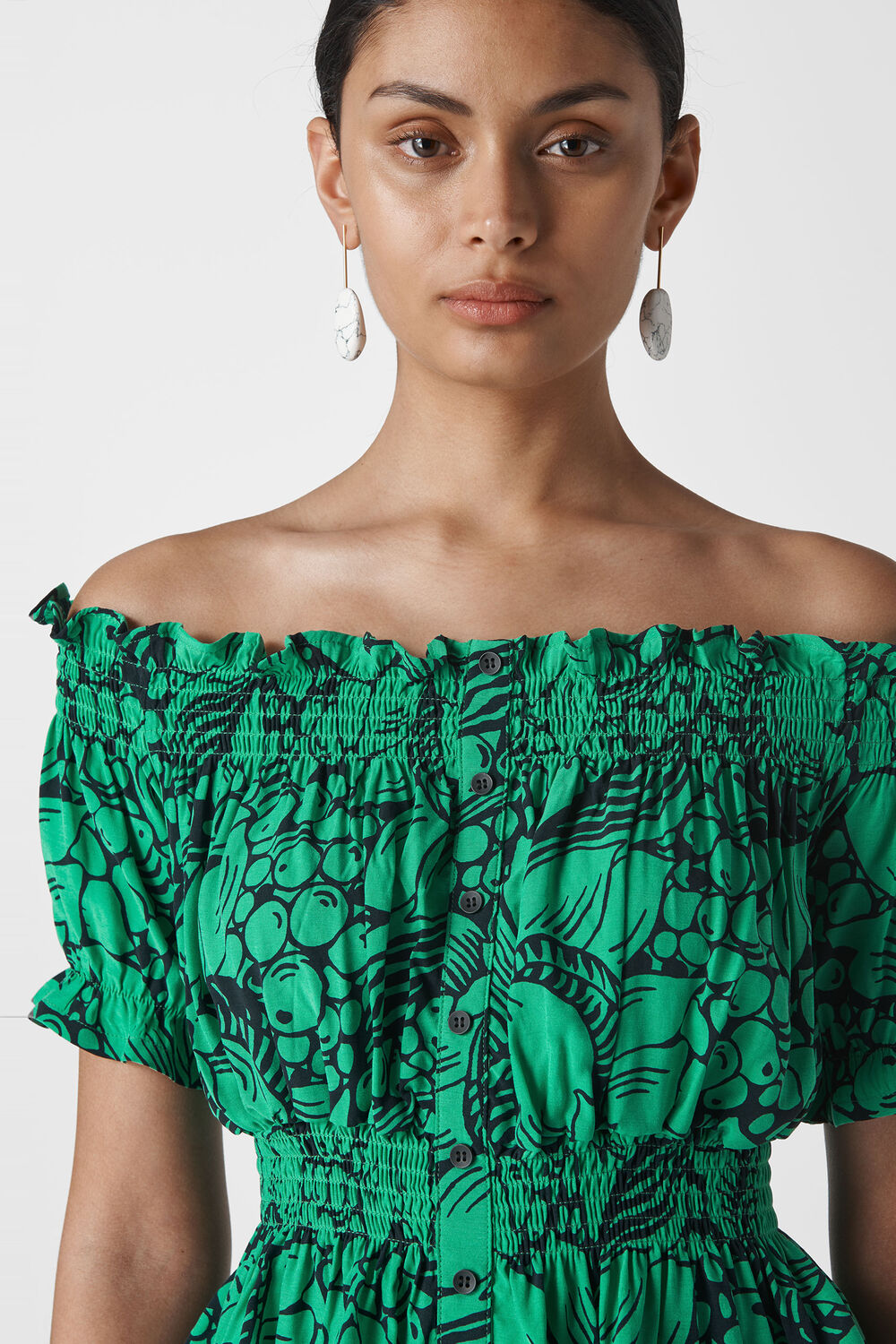 Sunflower Print Bardot Top Green/Multi