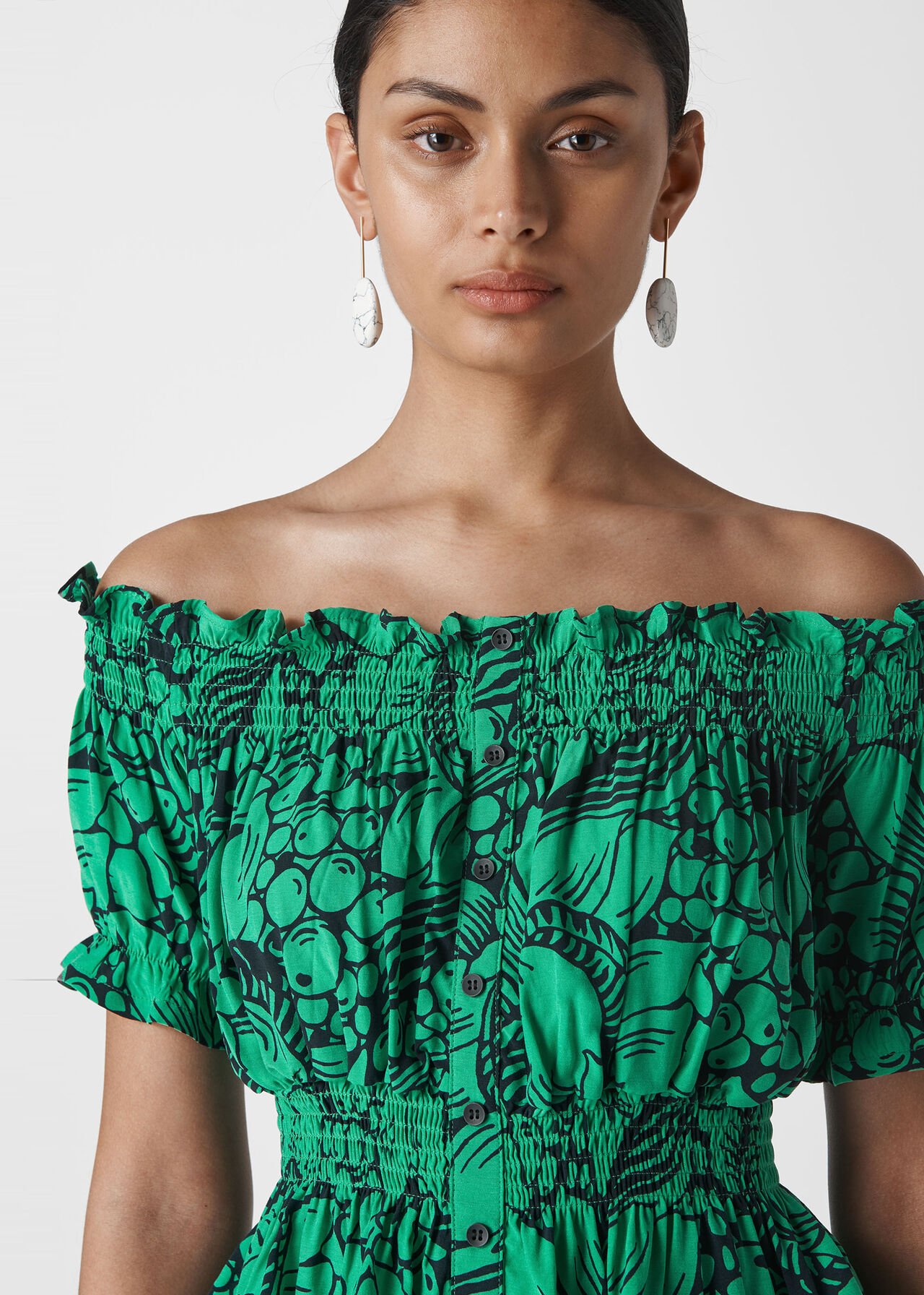 Sunflower Print Bardot Top Green/Multi