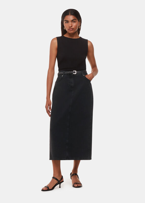 Petite Straight Denim Midi Skirt