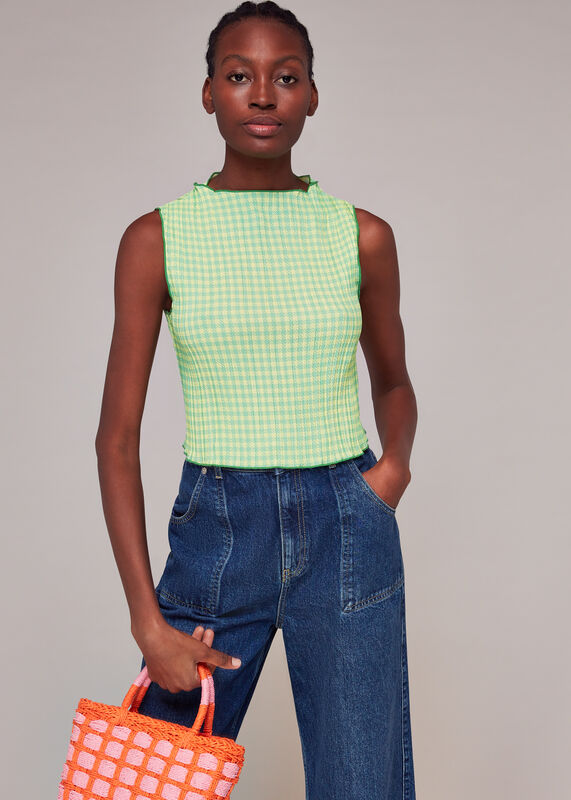 Houndstooth Gingham Plisse Top