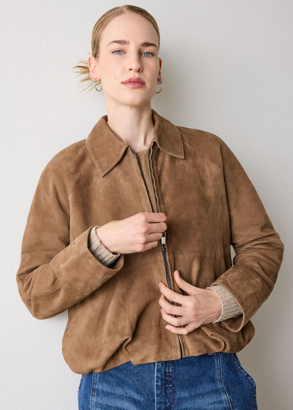 Taupe Gathered Suede Zip Jacket