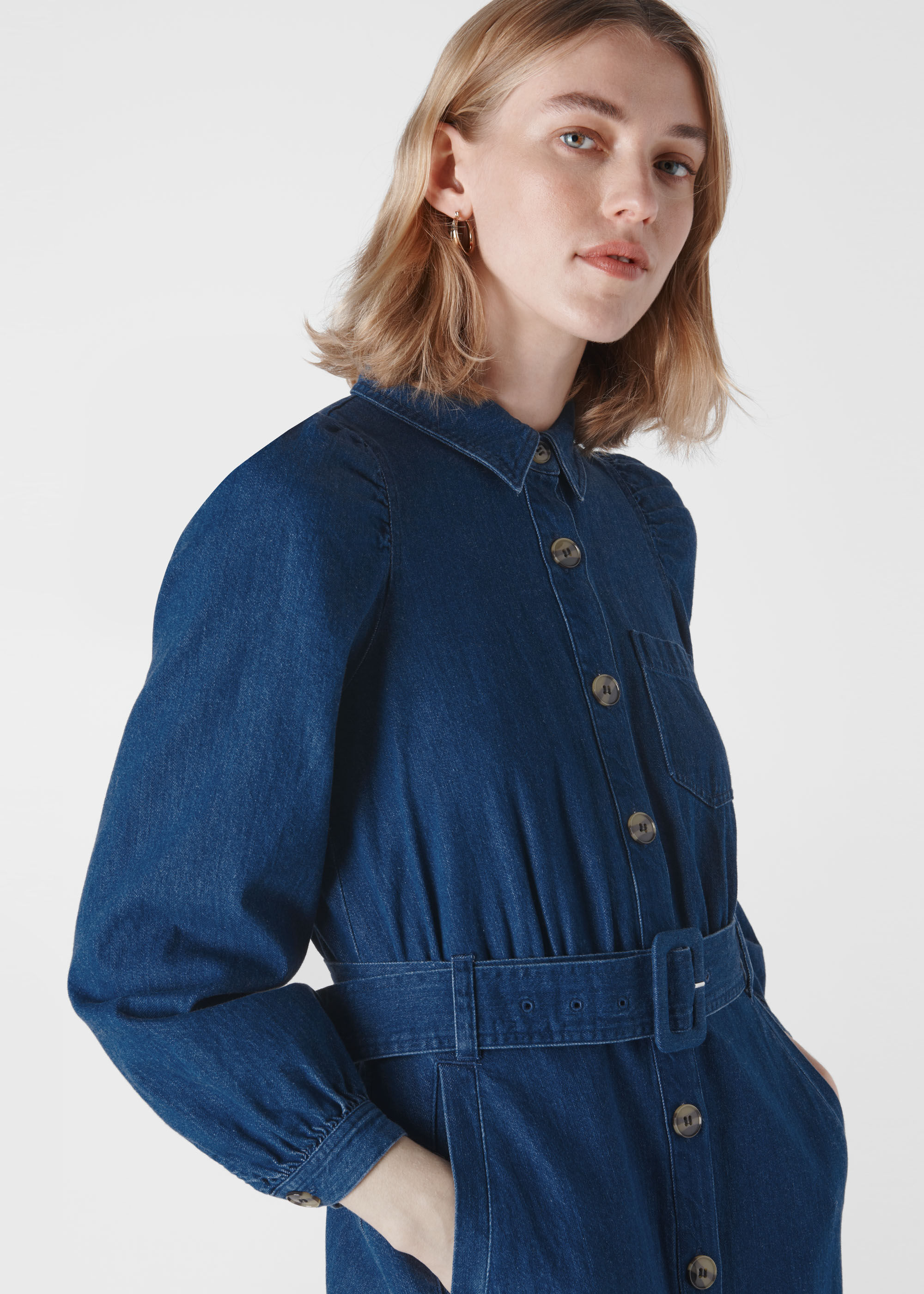 blue belted midi denim dress