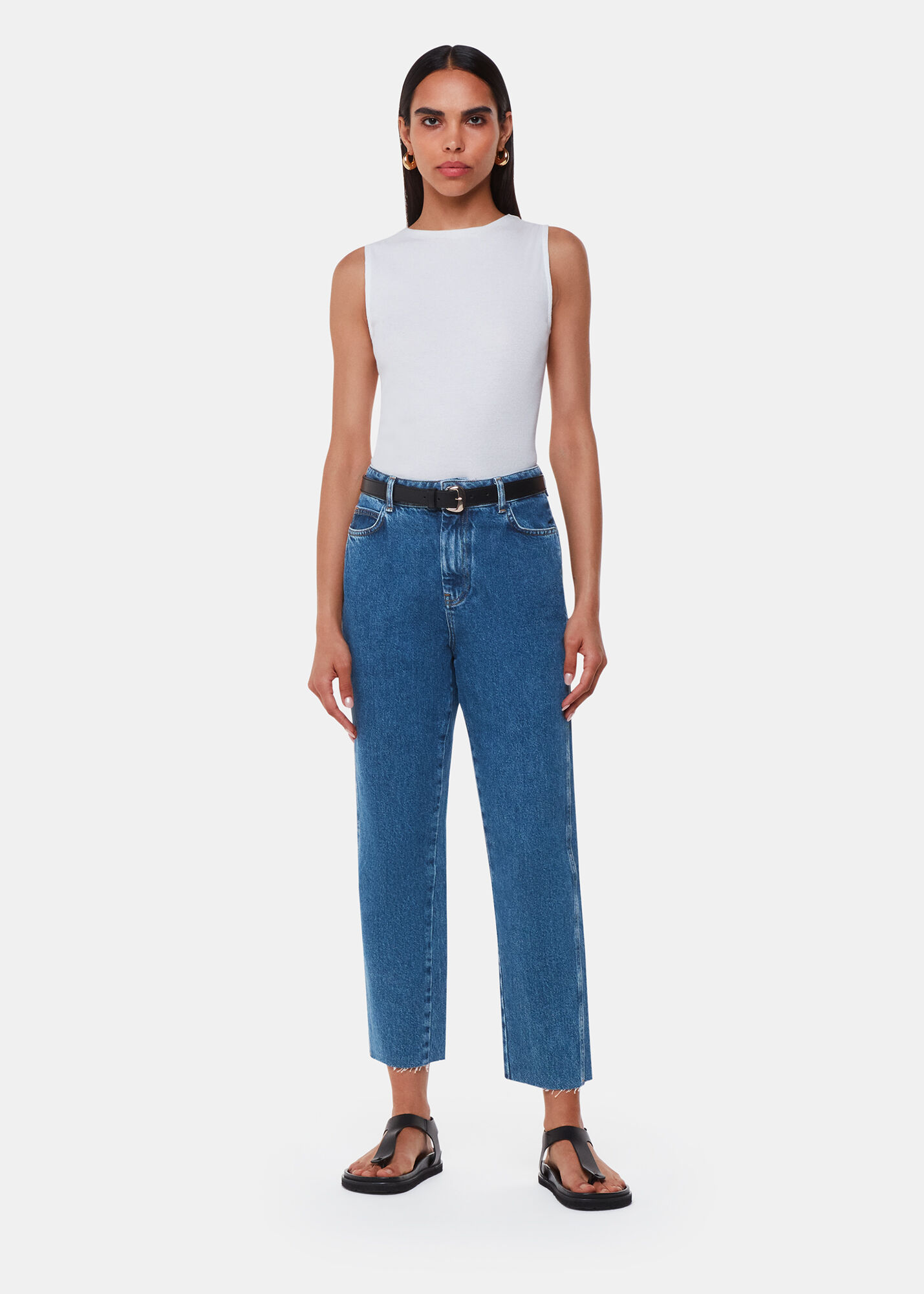 Blue frayed jeans sales