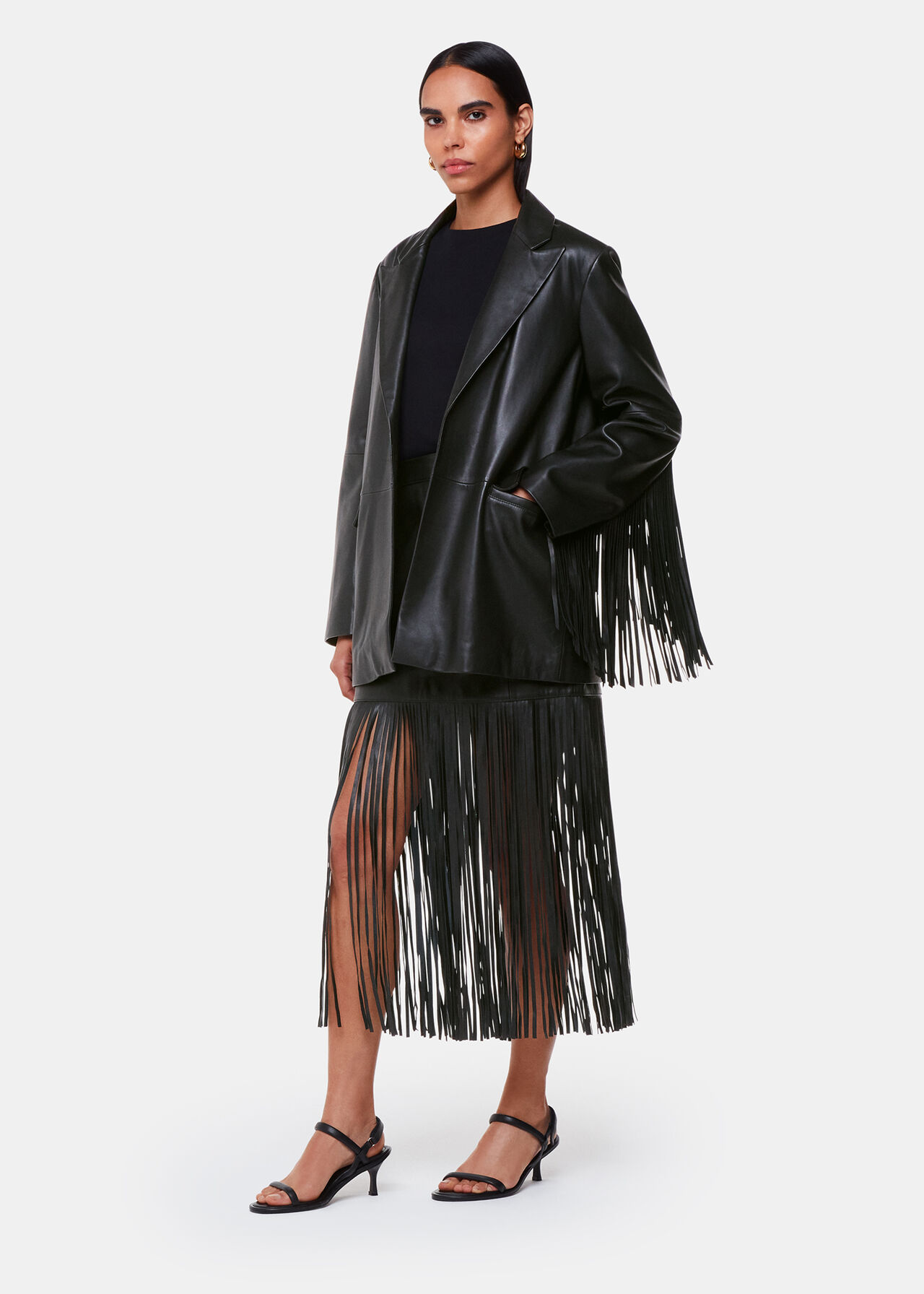 Black Gia Leather Fringed Jacket WHISTLES Whistles US