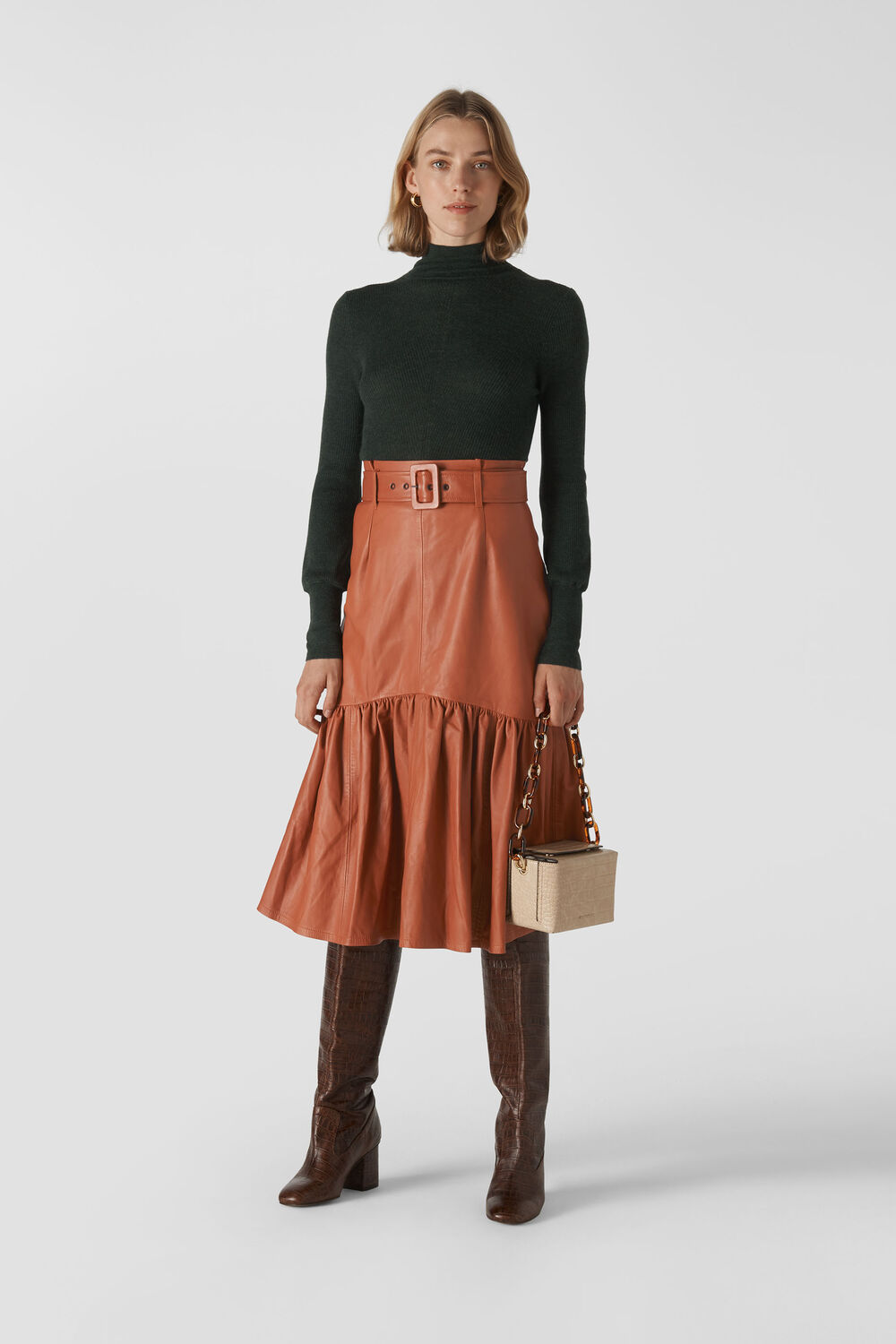Belted Leather Skirt Toffee