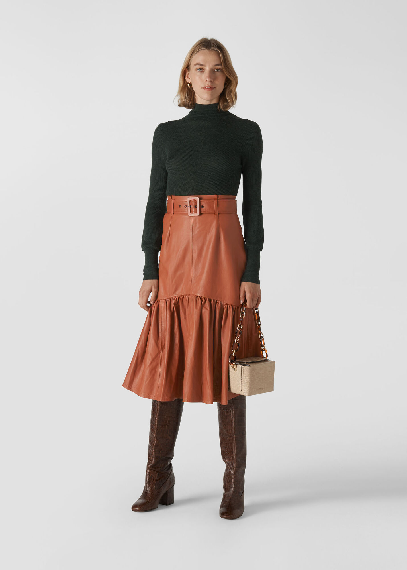 Toffee Belted Leather Skirt | WHISTLES