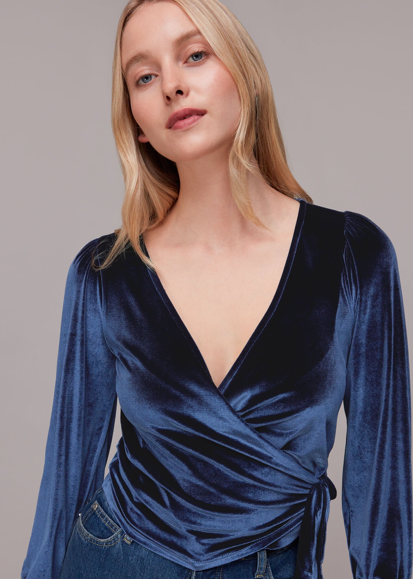 Navy Velvet V Neck Wrap Top