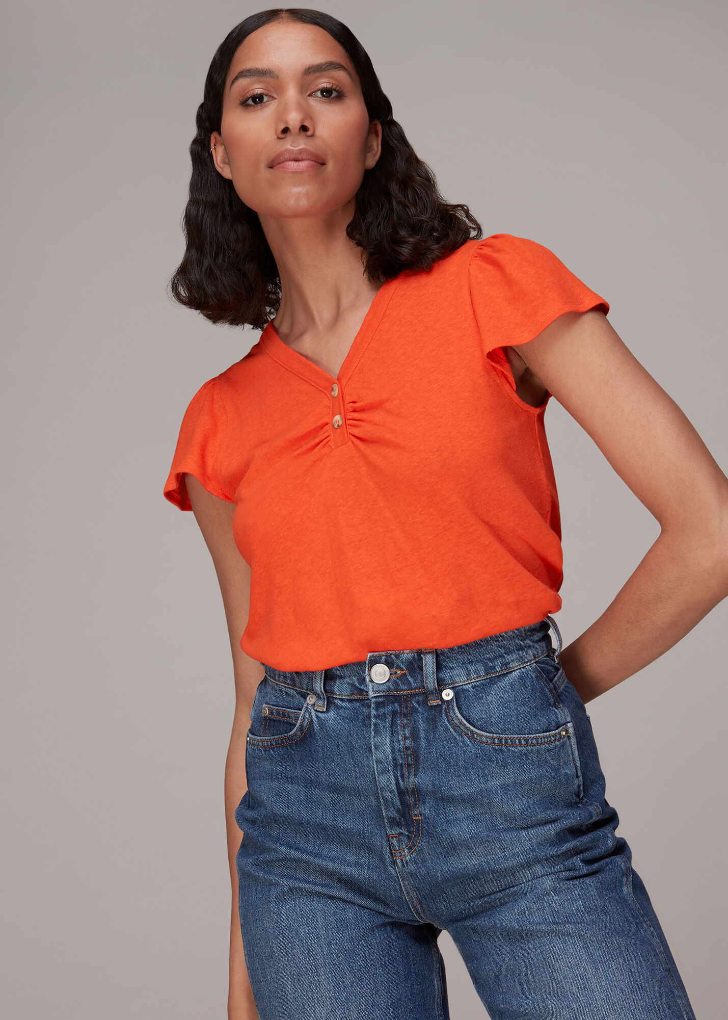 Orange Cada Button Linen Mix Tee WHISTLES
