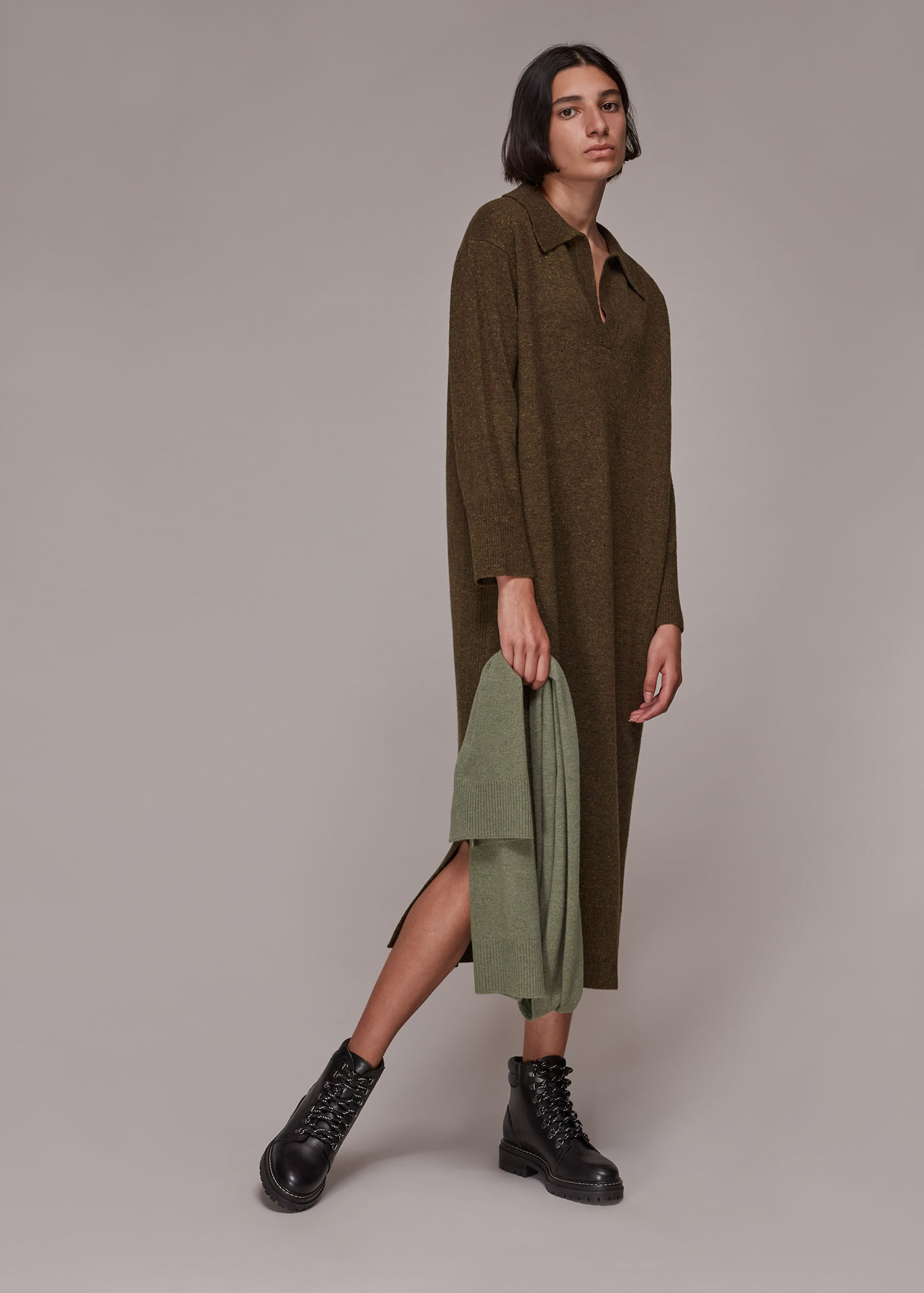 Khaki Collar Midi Knit Dress WHISTLES