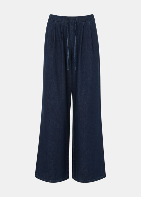 Dark Denim Cotton Wide Leg Pleat Trouser