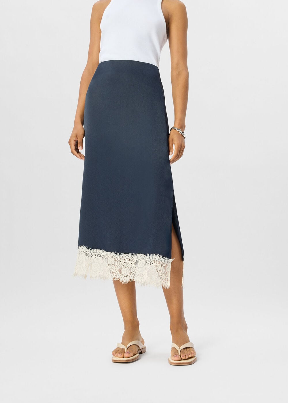 Lace Hem Satin Midi Skirt