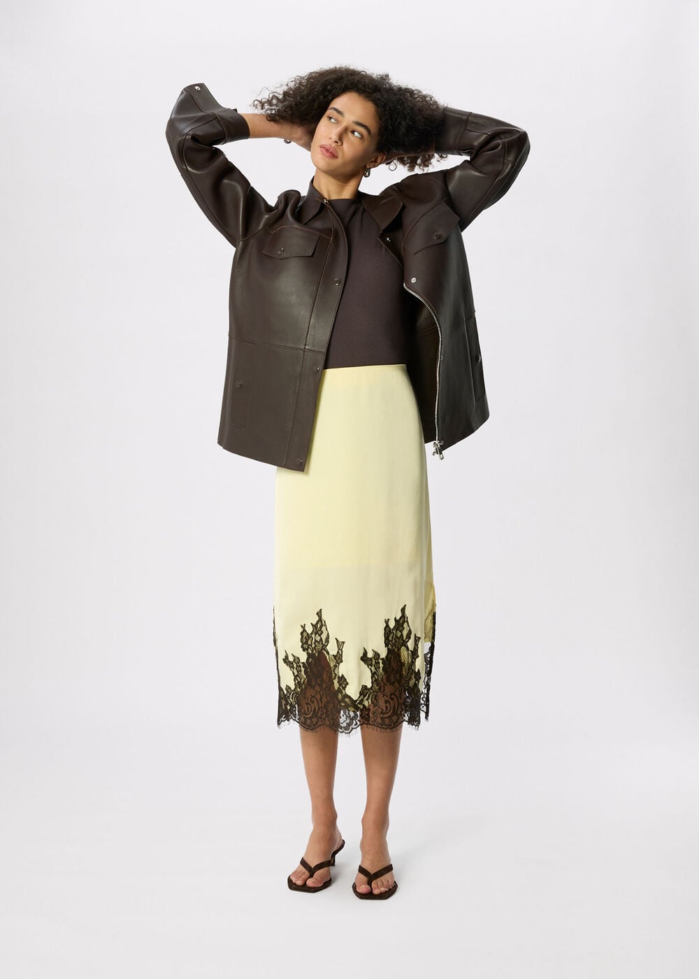 Lace Hem Satin Midi Skirt