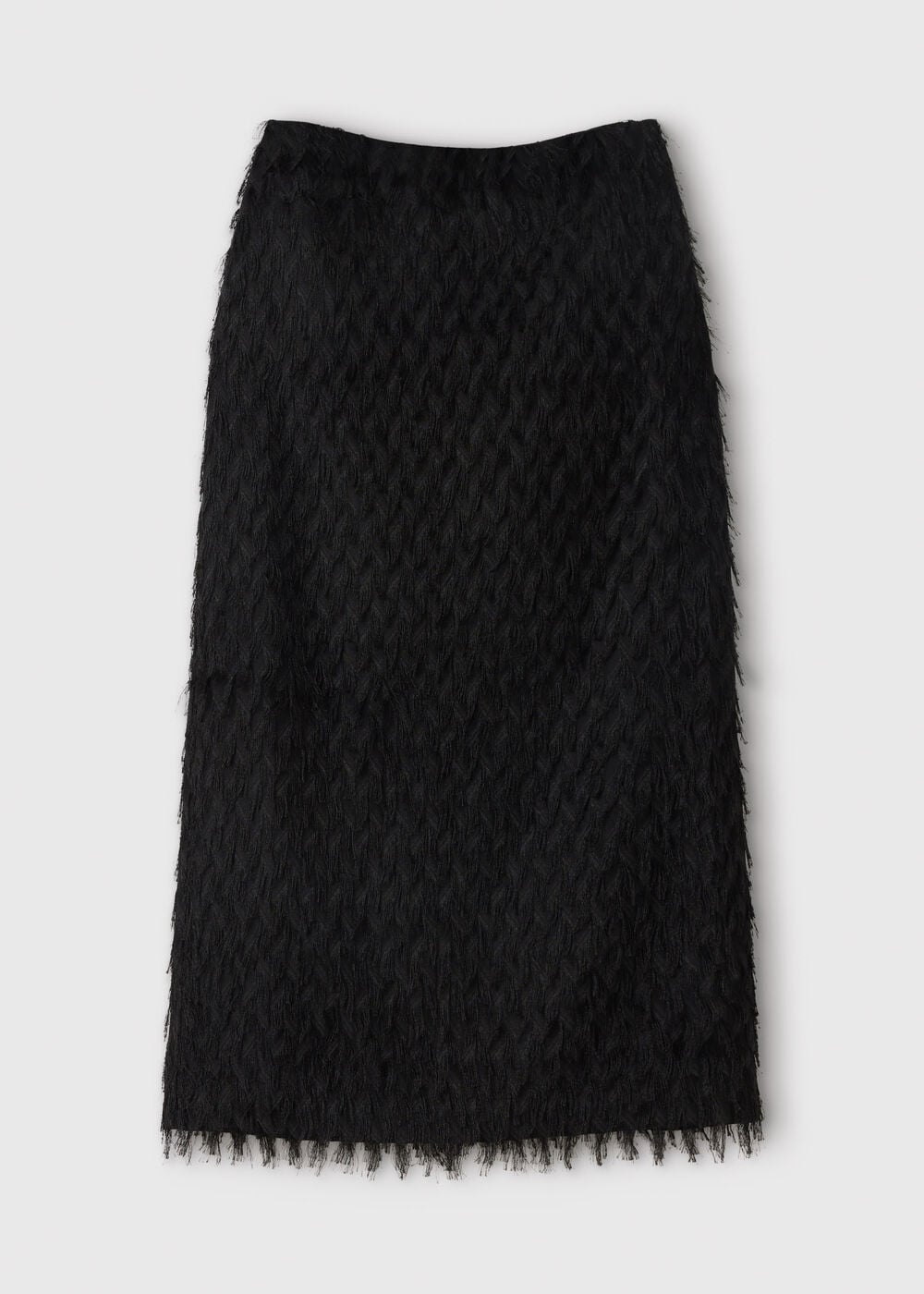 Black Fringe Textured Midi Skirt