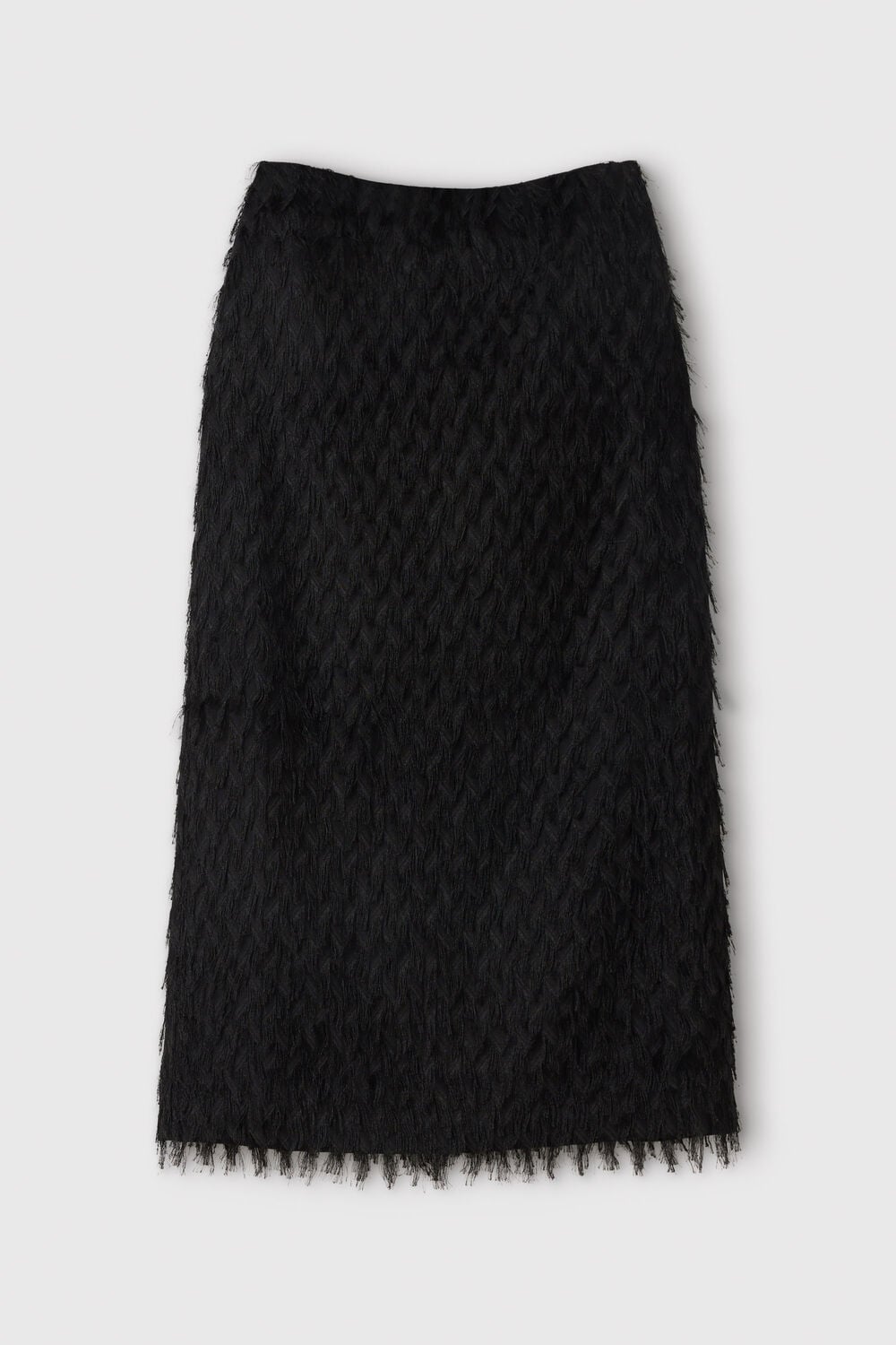 Black Fringe Textured Midi Skirt