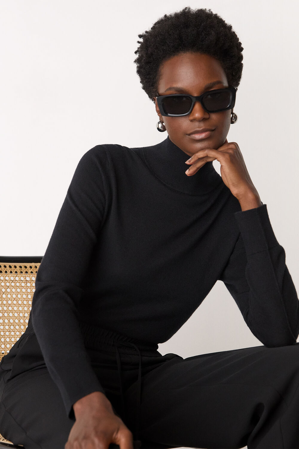 Black Fine Wool Mix Funnel Neck Knit