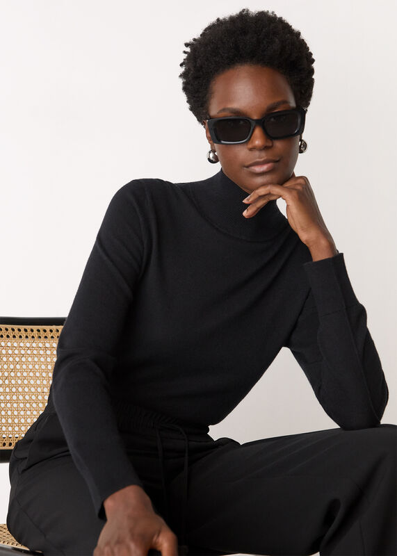 Black Fine Wool Mix Funnel Neck Knit