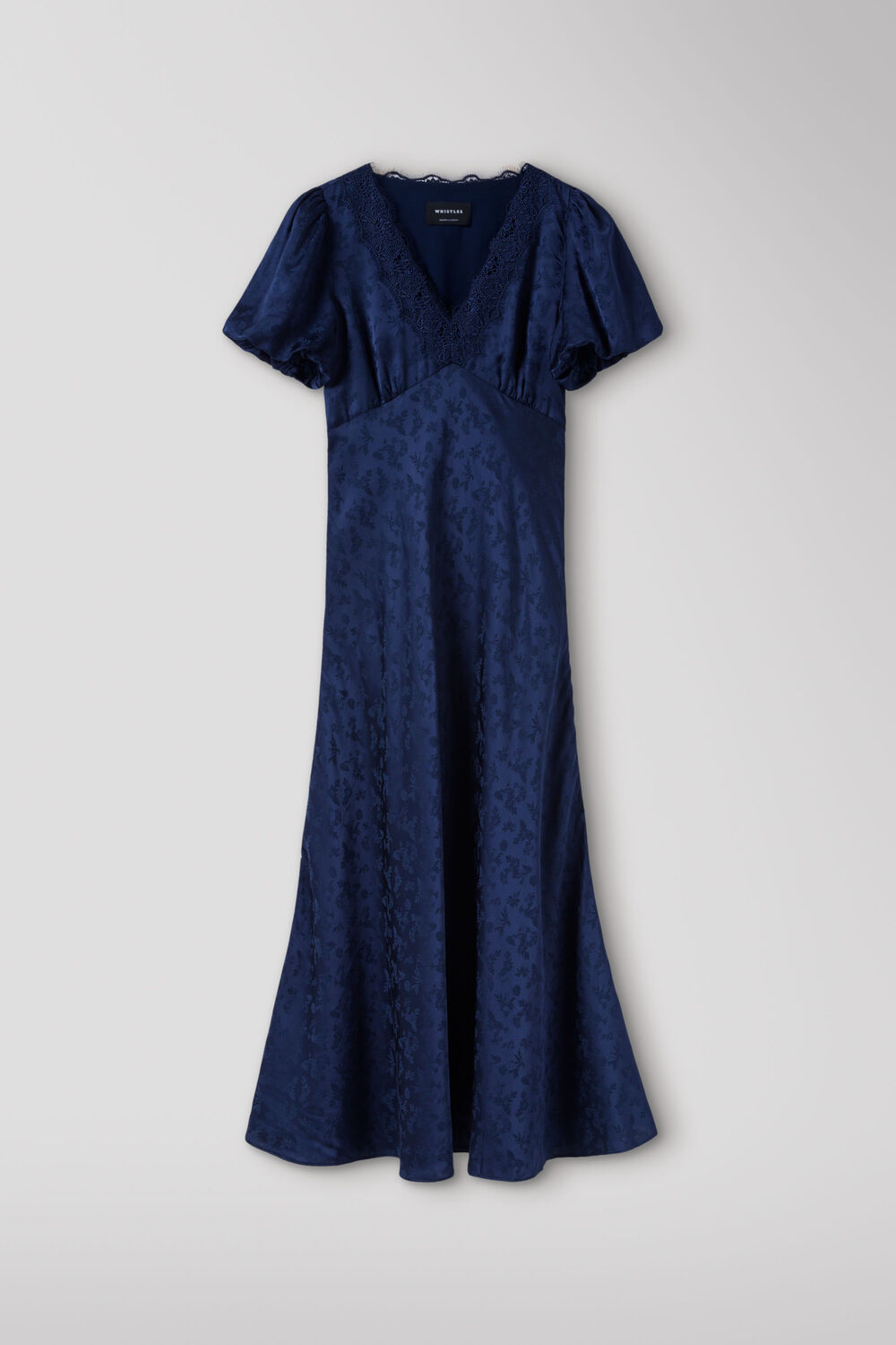 Navy Jacquard V Neck Midi Dress