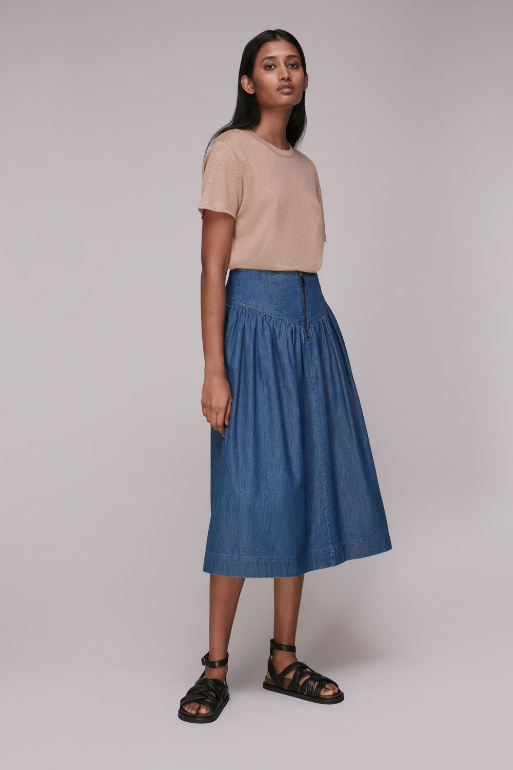 Zip Detail Chambray Midi Skirt
