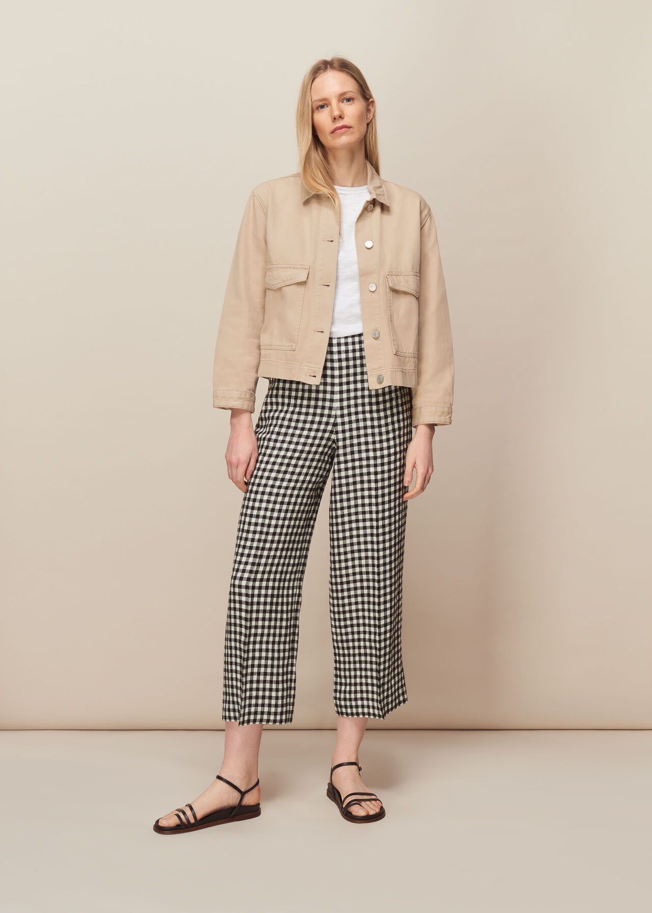 Gingham Linen Cropped Trouser Black and White