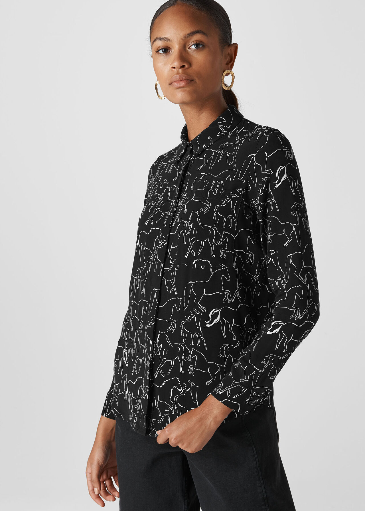 Stallion Print Pocket Shirt Black and White