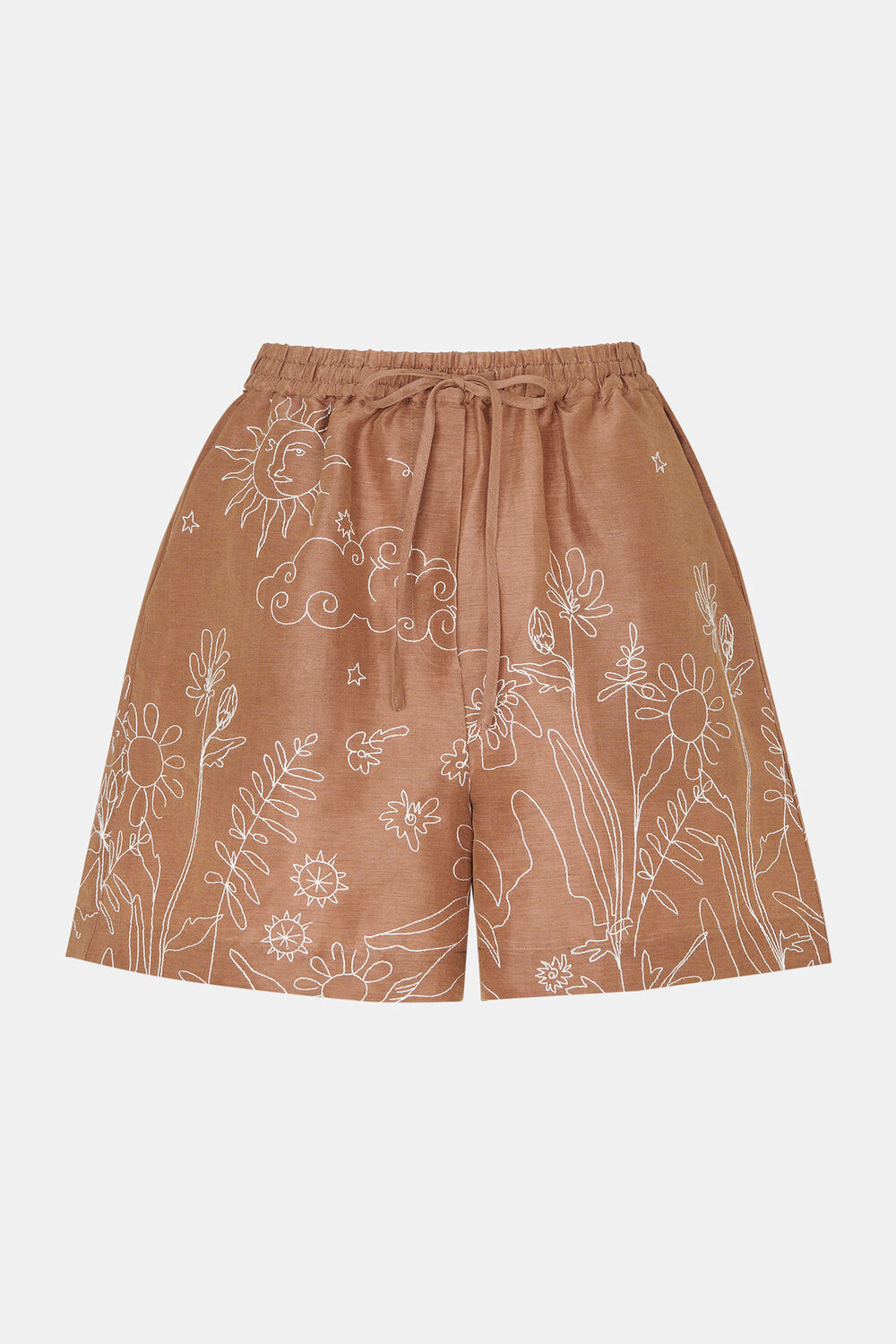 Brown Embroidered Scribble Short