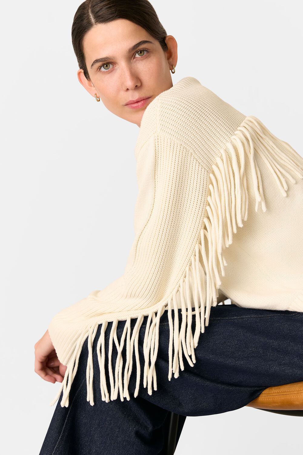 Ivory Fringed Rib Detail Sweater