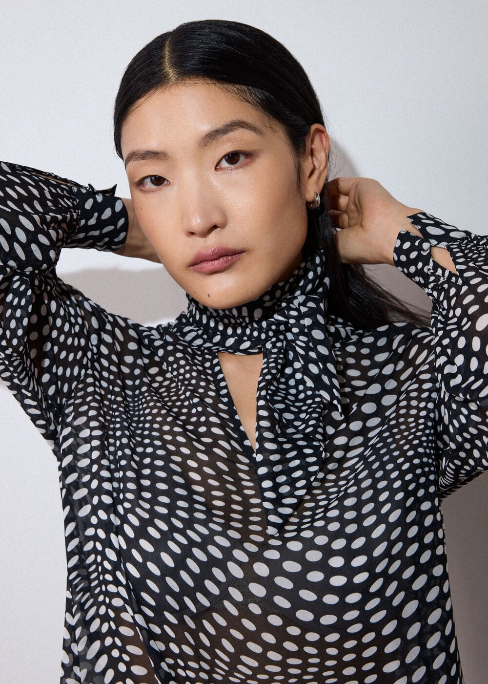 Black Mixed Spot Scarf Sheer Blouse