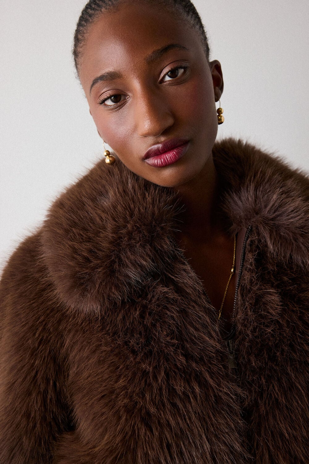 Brown Short Faux Fur Coat