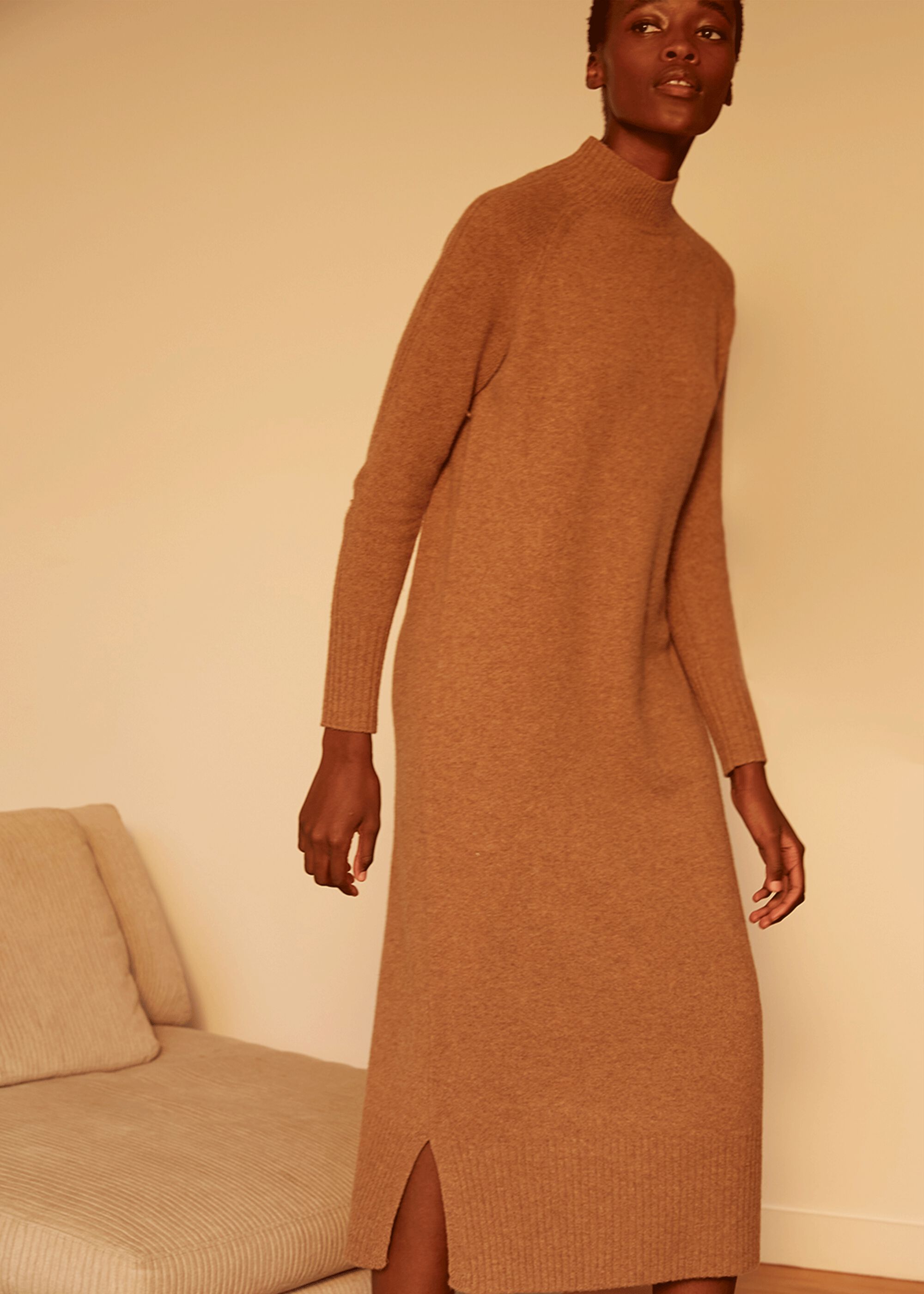 Camel Longline Wool Knit Dress