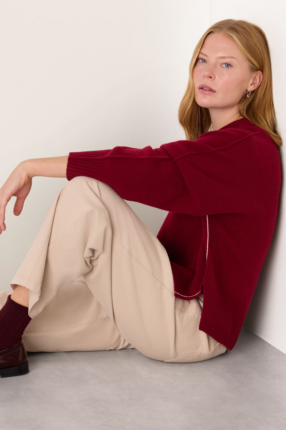 Burgundy Side Stripe Detail Wool Knit