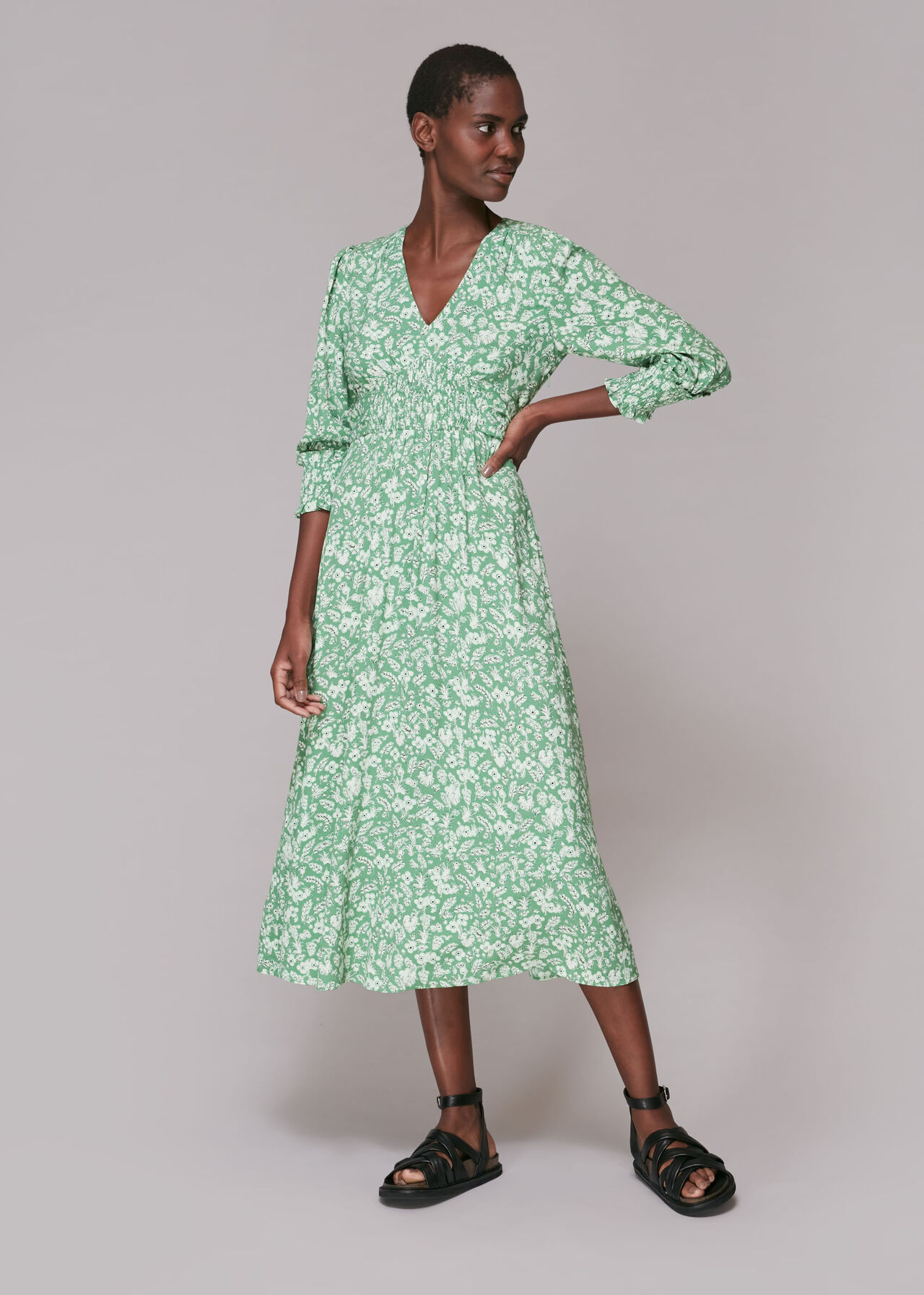 Green/Multi Shirred Wheat Floral Dress | WHISTLES | Whistles UK